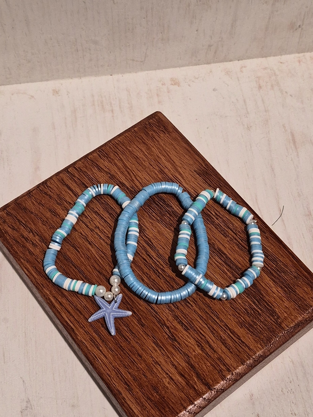 Women’s Blue Beaded Stretch Bracelet Set with Starfish Charm
